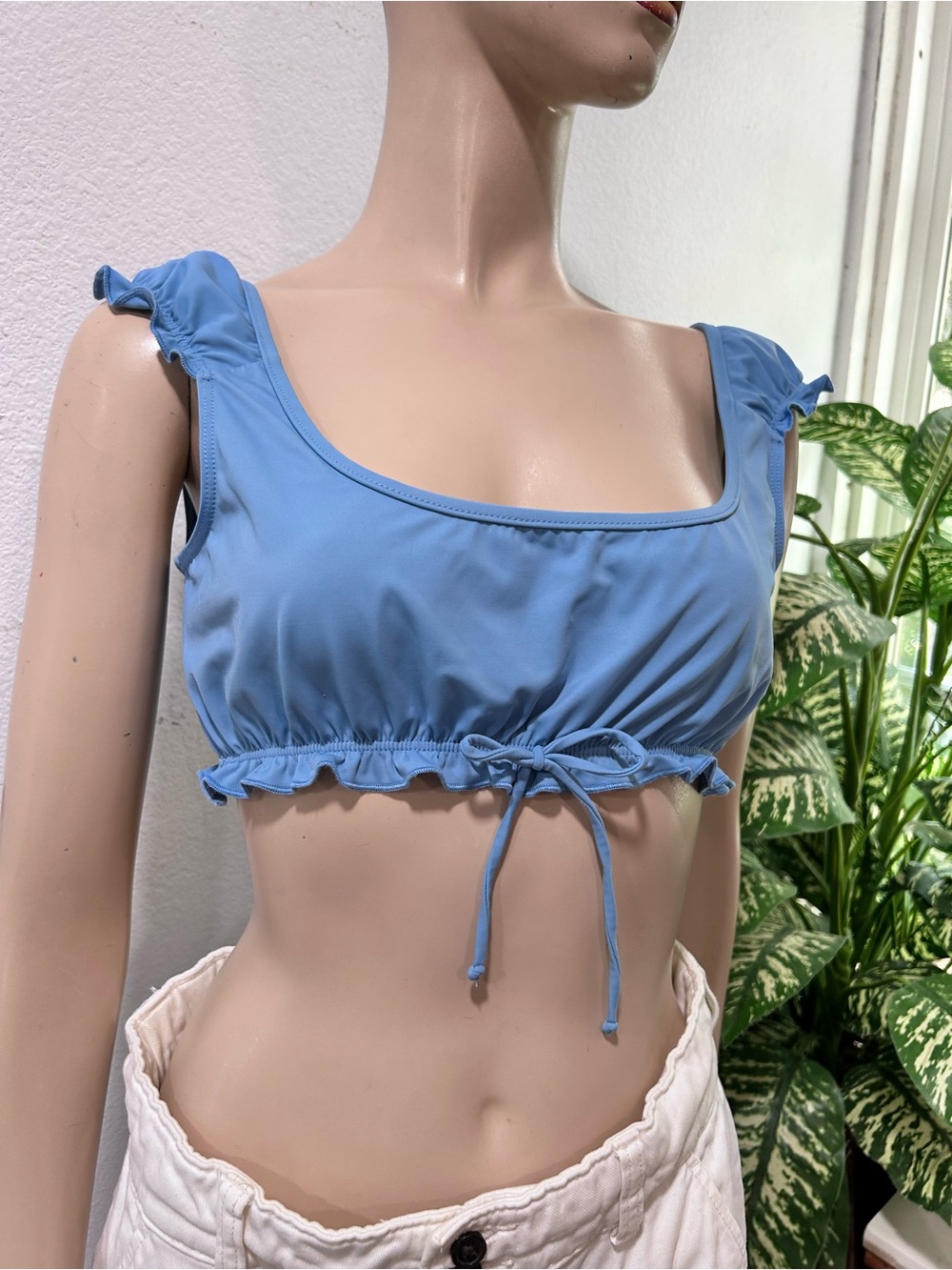 Reformation Light Blue Square-Neck Tie-Front Crop Top